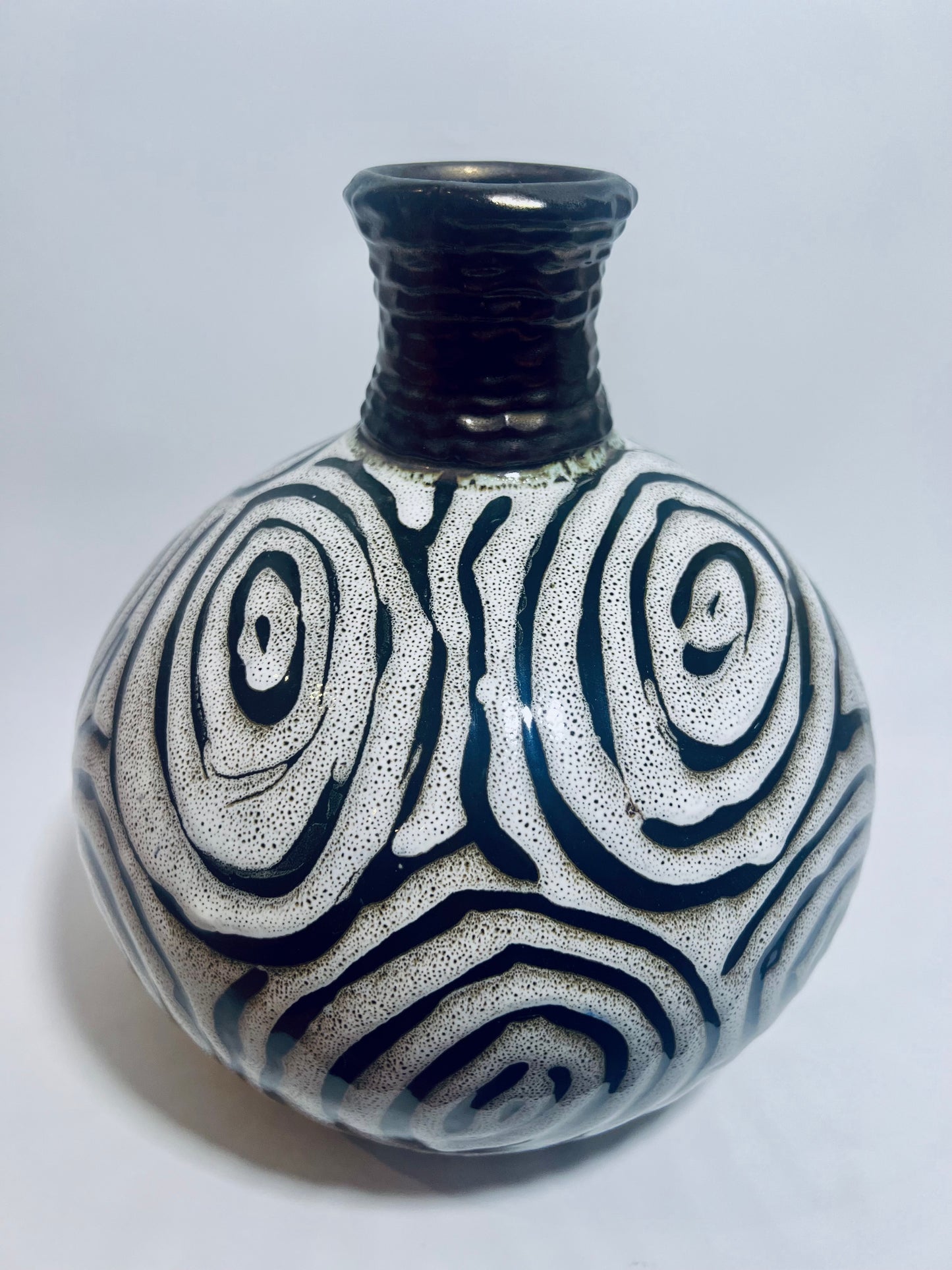 Antique Abstract Vase, Black & White Glazed Ceramic Art, Unique Home Décor