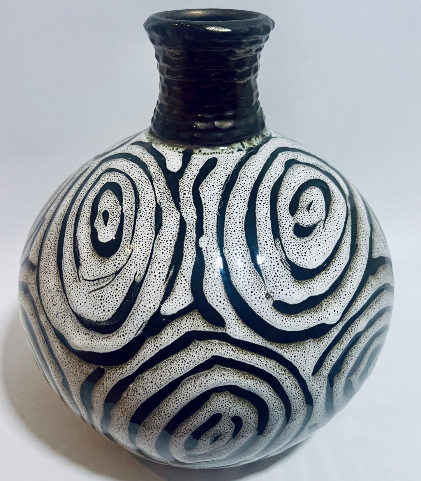 Antique Abstract Vase, Black & White Glazed Ceramic Art, Unique Home Décor