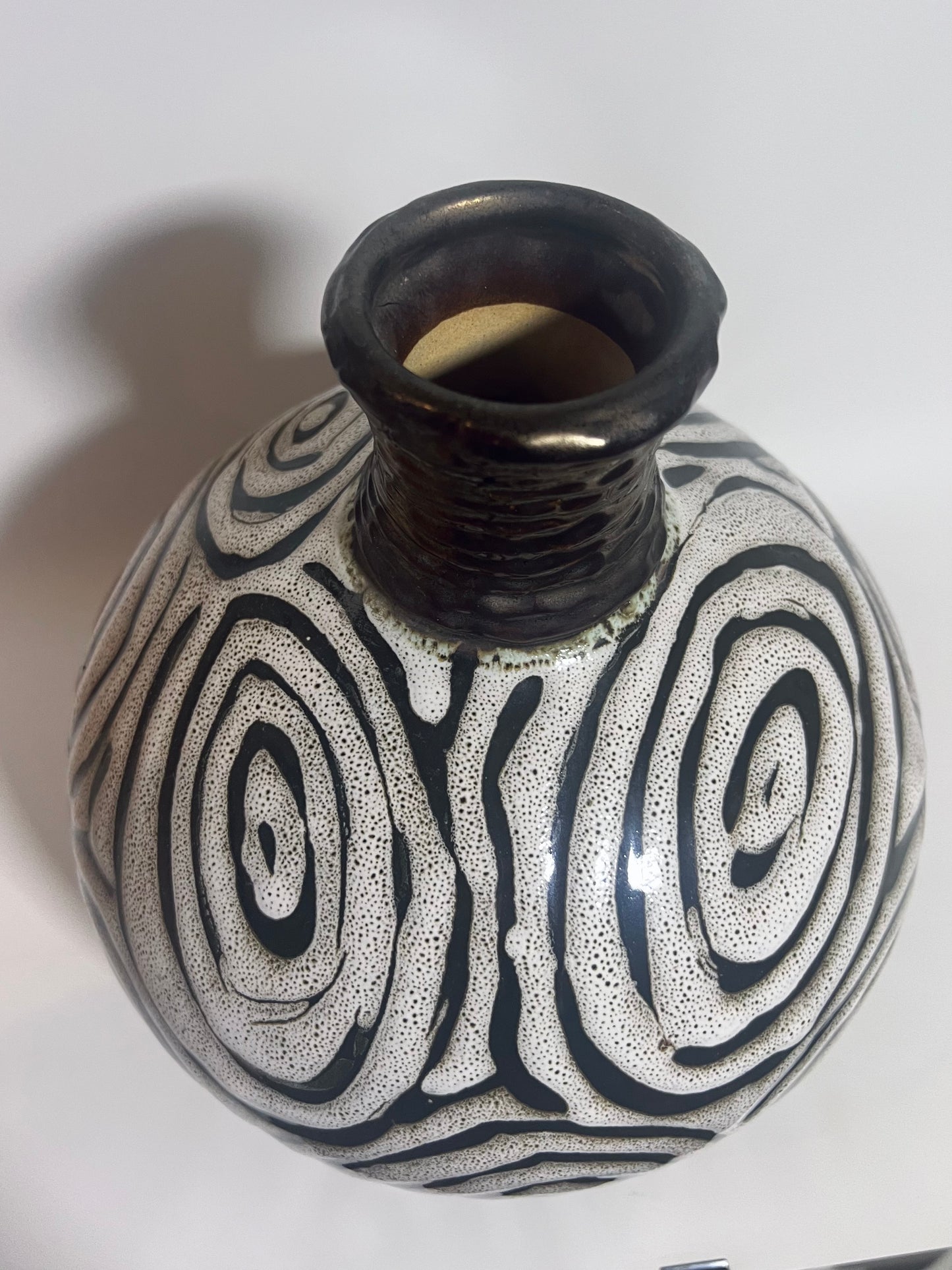 Antique Abstract Vase, Black & White Glazed Ceramic Art, Unique Home Décor